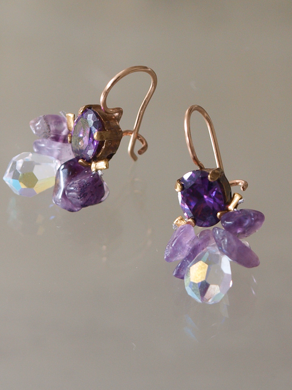 earrings Bee purple crystal and amethyst